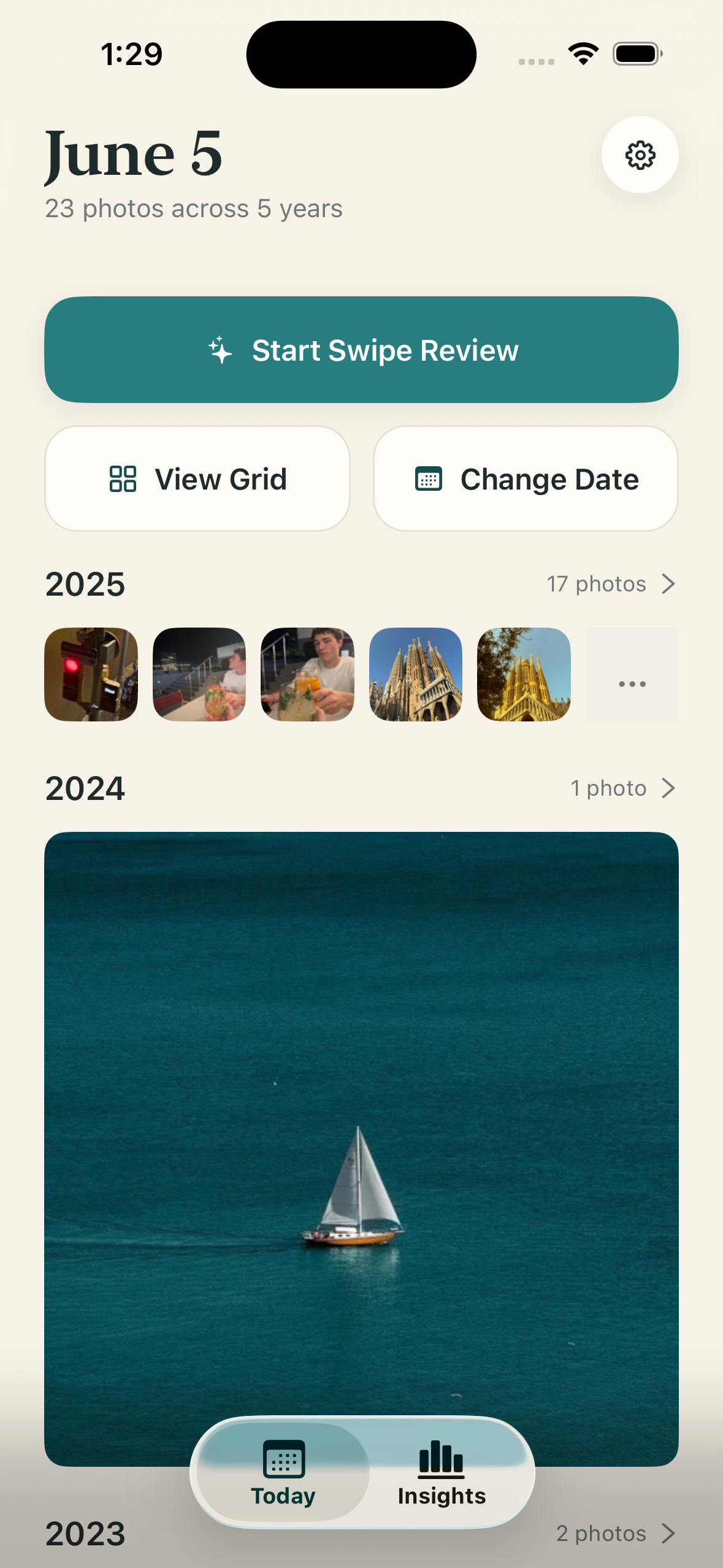 The On This Day home screen showing June 5 photos grouped by year